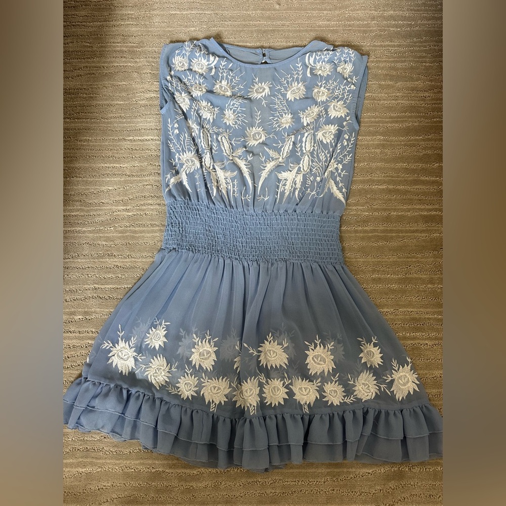 Blue Floral Embroidered Women’s sheer Dress — comes with slip